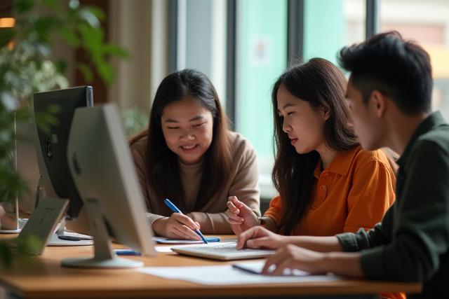 Tatlong mag-aaral ang nagtutulungan sa isang disenyo ng proyekto sa isang modernong espasyo